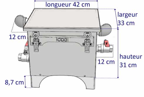 Dimensions du bac à graisse sous plonge en inox iODGi taille M pour les restaurants de 100 couverts par jour 