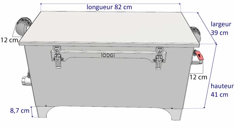 Schéma indiquant les dimensions  du bac séparateur de graisse iODGi taille XL pour les restaurants jusqu'à 500 couverts